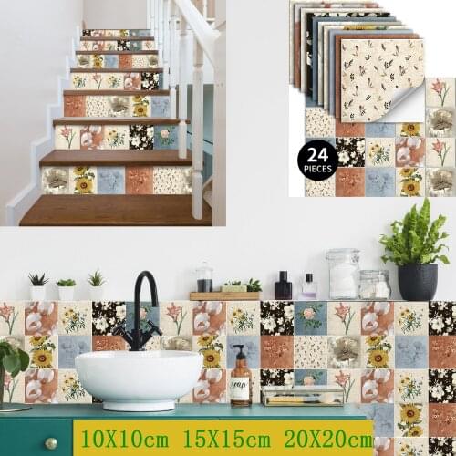 Flowers Pattern PVC Self Adhesive Tile Stickers Waterproof Removable Wall Sticker Bathroom Kitchen Decor DIY Nordic Art Decals
