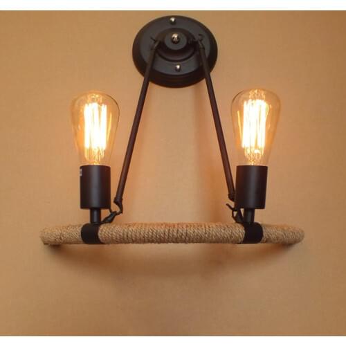 Nordic 2 heads E27 hemp rope Retro wall lamp creative linen rope iron bedroom bedside decoration bar lamp