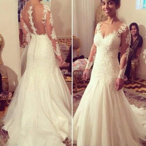 Sexy Mermaid Wedding Dresses Ivory Lace Appliques See Through Scoop Neckline Tulle Long Sleeves Bridal Gowns Formal Vestidos