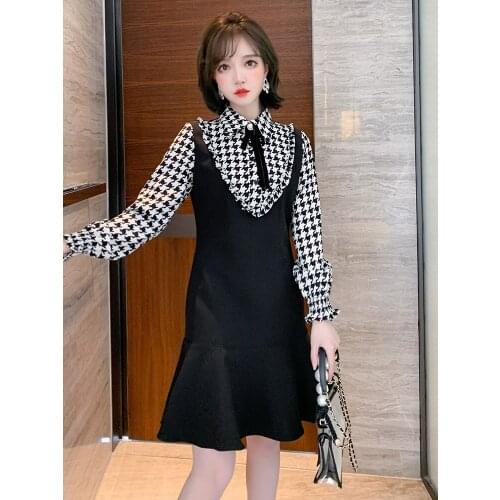 Thousand bird lattice bow tie Auricularia lace stitching fishtail two pieces dress 2021 Spring new