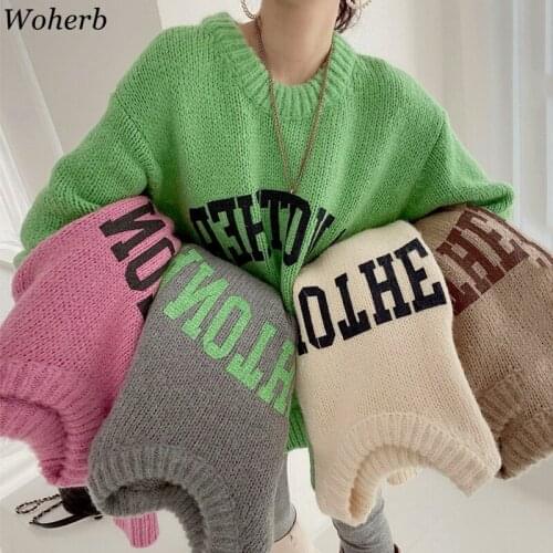 Woherb Letter Print Winter Pullover Korean Chic Candy Colors O-neck Loose Long Sleeve Knit Sweater Fall 2021 Women Clothing