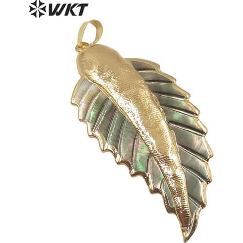 WT-JP172 WKT Natural Shell Pendant Feather Shape Shell ＆ Pearl Pendant Gold Electroplated Women Fashion Pendant Jewelry Finding