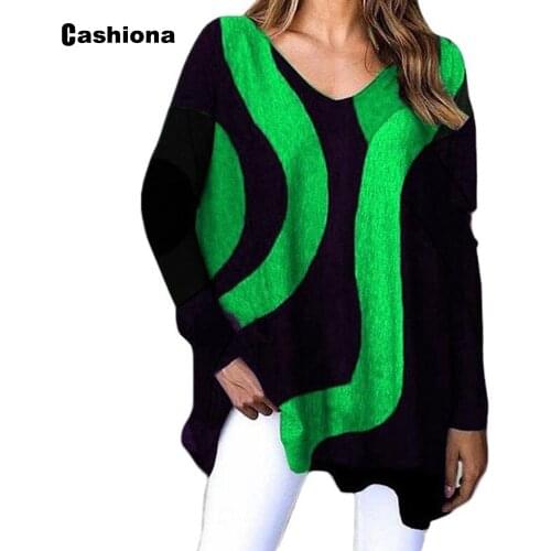 Plus size Women Elegant Leisure Casual T-shirt Model Stripe Print V-neck Loose Womens Top 2021 Spring Autumn Tees shirt Femme