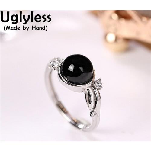 Uglyless Mysterious Black Natural Dark Green Jade Rings for Women 100% Real 925 Sterling Silver Jewelry Fashion Gemstones Rings