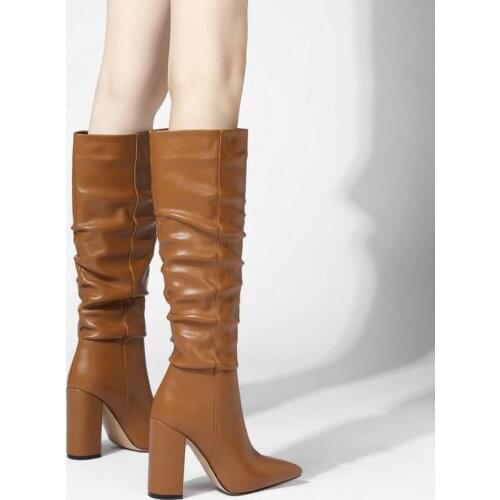 Chunky Heel Fold Boots Woman Fashion Pointed Toe Knee High Boots Women Faux Leather Wide Boots Red White Black Slouchy boots