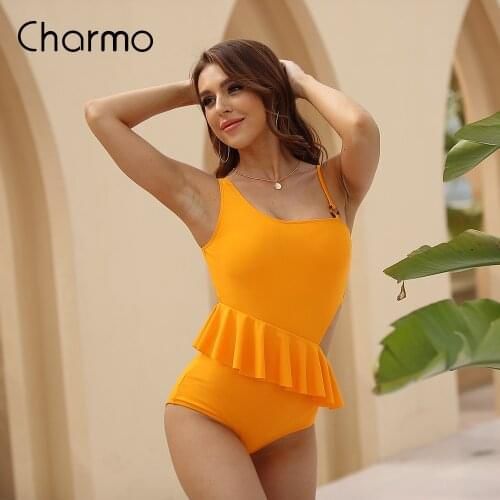 Charmo Women One Piece Swimsuit Swimsuits Solid Cutout Bathing Suit Asymmetric Shoulder Monokini
