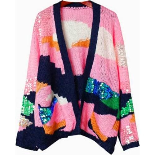 Spring Autumn Sweater Outwear Coat 2019 Runway Sweater Women Fashion Sequins Long Sleeve Loose Cardigan Sweater Knit With Pocket