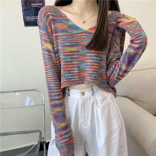 Womens Knitted Pullover Sweet Rainbow Striped V-neck Long Sleeves Loose Short Top Wholesale 2021 New Fashion Female Clothing