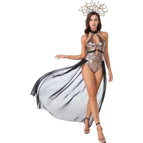Gold Women Greek Mythology Medusa Cosplay Female Halloween Goddess Costumes Carnival Purim Nightclub Bar Role Play Party Dress