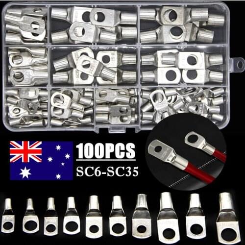 100PCS SC Bare Terminals lug Tinned Copper Tube Lug Ring Seal Battery Wire Connectors Bare Cable Crimped/Soldered Terminal Kit