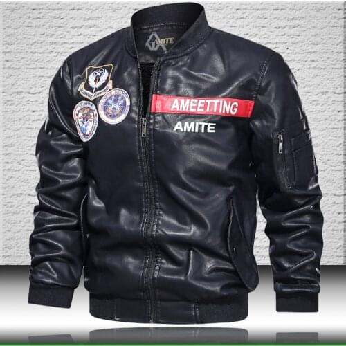 2021 Mens Leather Jackets Coats Stand Collar Jacket Leather Men Winter Fleece Bomber Coat Embroidery Biker Jacket High Quality