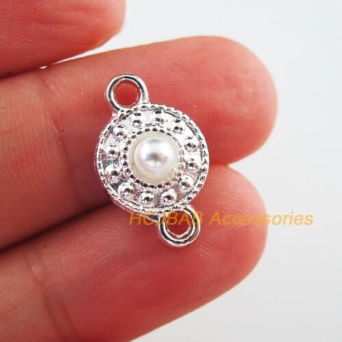 25Pcs Silver Plated Retro Flower Round White Bead Charms Connectors 11x18mm