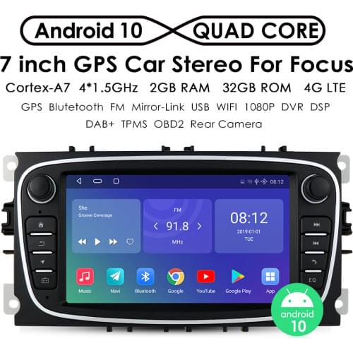 7 INCH Android Car Auto Radio Audio for Ford Focus S MAX C Galaxy Mondeo Transit Connect 2010 Kuga 2 DIN Car Stereo Multimedia