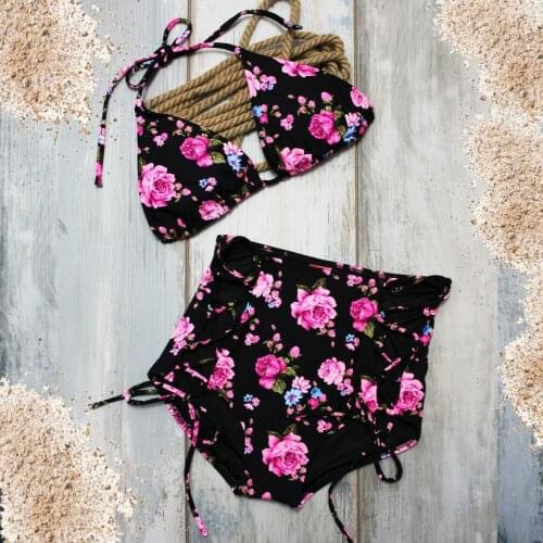 Bikini Nostalgia Retro Vintage Flowers Hotpants High Pant Black Swimsuit