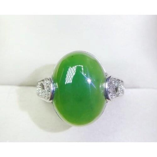 Per jewelry Natural real green jade oval big ring Free shipping 12*16mm 13ct gemstone 925 sterling silver Q204292