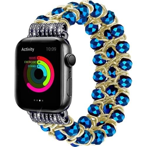 Bling Bracelet for Apple Watch Band 44mm 42mm 40mm 38mm Strap Bands iWatch 5 4 3 2 1 Luxury Woman Crystal Beaded Jewelry Blue