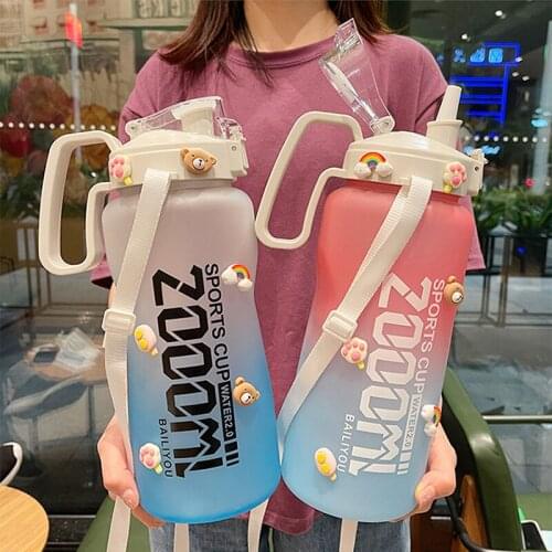 2000ml Large Capacity Gradient Color Tritan Water Bottle With Straw Portable Strap Outdoor Fitness Sport Water Bottles BPA Free