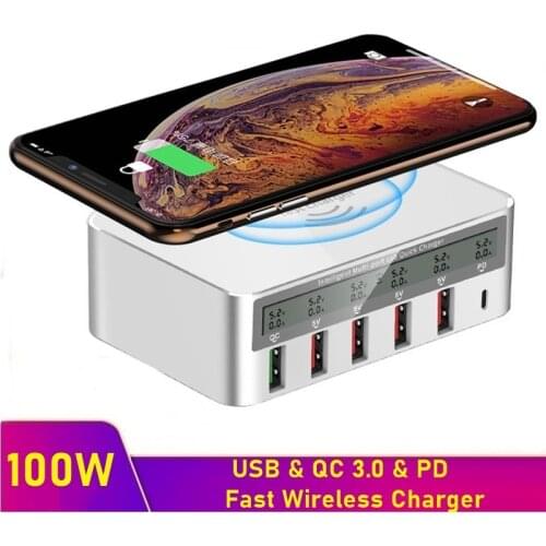 Tongdaytech 100W Multi USB Fast PD Charger Quick Charge QC 3.0 LCD Display Qi Wireless Charger For Iphone 8 Plus XS X 11 Pro Max
