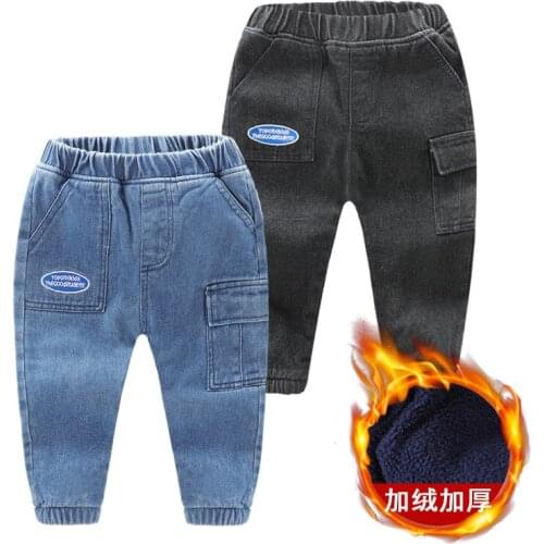 Baby Boys Jeans Winter New Children Thick Warm Cashmere Pants Cotton Washed Kids Plus Velvet Clothes Elastic Waist