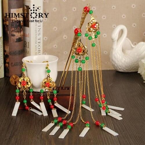 HIMSTORY Retro Vintage Chinese National Wedding Hair Accessories Brides Hairpins Hairstick Earrings Accessories Jewelry Hairwear