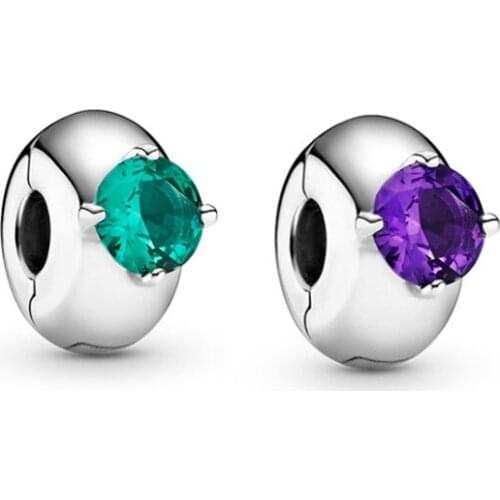 Valentines Day Purple Green Round Solitaire Clip Charms Beads Fit 925 Sterling Silver Fit Bracelets Gift DIY For Women Jewelry