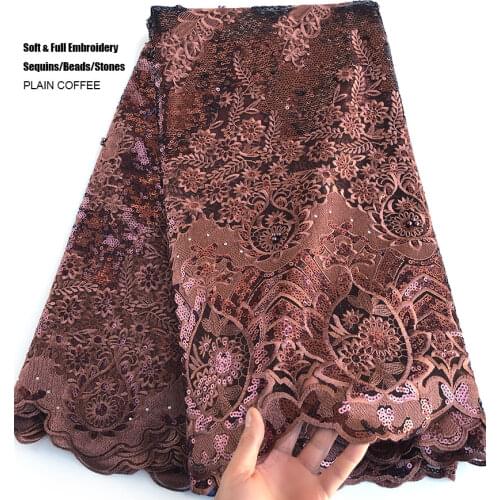 Coffee 5 yards very Soft Shiny African French Lace Korea Fabric Top Class Nigerian Dubai Occasional Sewing Clothes Gown