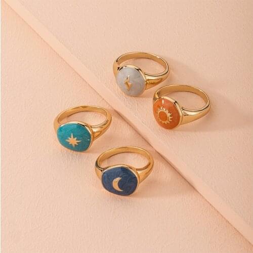 Multiple Lightning Star Moon Print Enamel Charm Rings for Women Girl Gold Color Alloy Grey Green Orange Ring Minimalist Jewelry