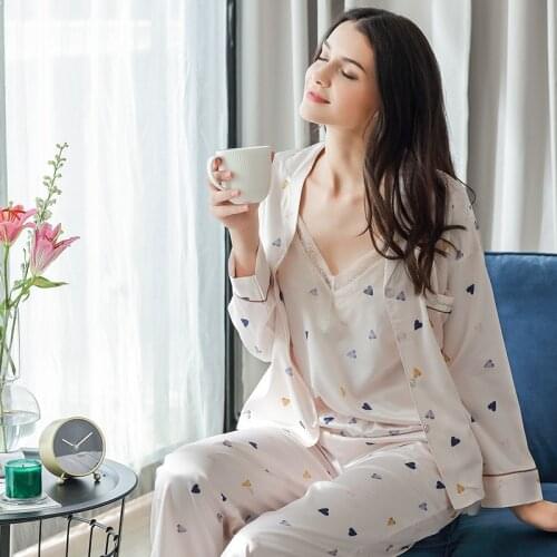 Chest Pad Pajamas Female 2020 Spring New Sexy Satin Silk 3-Piece Sets Thin Ice Silk Sling Sleepwear Women Pyjama Set X0918