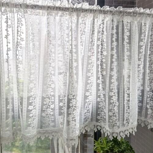 White Flower Leaves Tassel Lace Short Tulle Curtain Transparent Half Drape For Living Room Bedroom Kitchen Finished Sheer Panel4