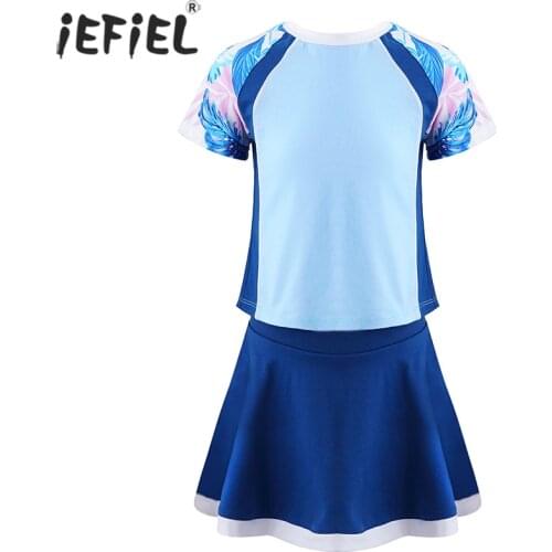Summer Kids Girl Clothes Set Dancewear Short Sleeves T-shirt Tops+Skirt Built-in Shorts Teen Sports Suit Workout Tennis Outfits