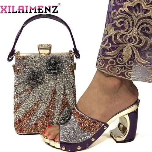Fashion Rhinestone Woman Shoes And Matching Bag Set Leisure Style Purple Color Pumps Shoes And Bag Set For Party Wedding