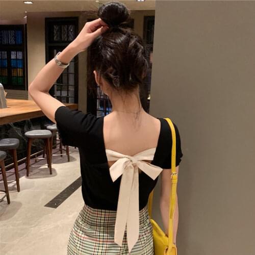 Summer 2021 new open back short sleeve T-shirt girls top students bottom shirt womens clothing