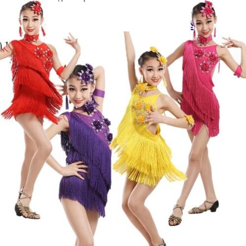 Girls Sequins Tassels Competition Latin Dance Dress Party Stage Outfits Modern Ballroom Dancing Dress Kids Costumes Dancewear