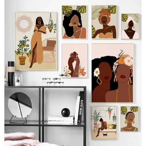 Boho Canvas Painting African Girl Poster Tropical Leaf Art Print Nordic Posters And Prints Abstract Wall Pictures Bedroom Decor