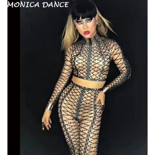 Sexy Glisten Crystals Sexy Rompers Costume DJ Jumpsuit Womens Outfit Black stones gird bandage Bodysuit Birthday Celebrate Wear