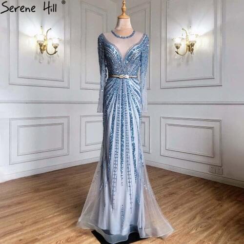 Serene Hill Blue Muslim Mermaid Elegant Evening Dresses Gowns 2021 Luxury Beaded For Women Party LA71374