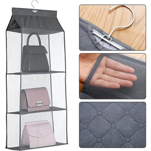 4-grid Hanging Handbag Organizer For Bedroom Wardrobe Handbags Shoes Underwear Clothing Transparent Durable Mesh Storage Bag
