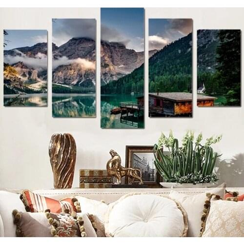 Modern Home Decor Wall Art Canvas Poster Painting 5 Pieces Hd Printed Lake Boat Mountain Landscape Modular Pictures Frame