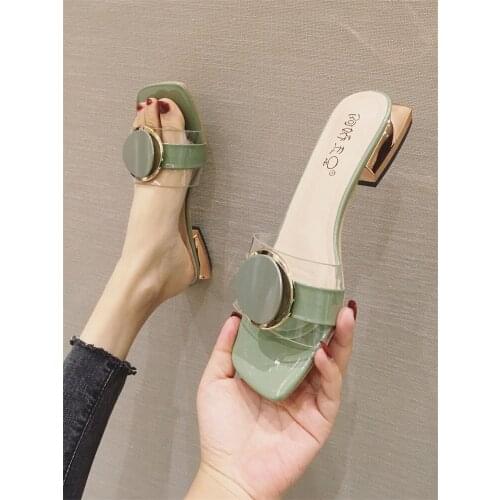 One-word slippers 2021 summer new Korean version of all-match fashion outer wear sandals metal buckle low heel womens shoes