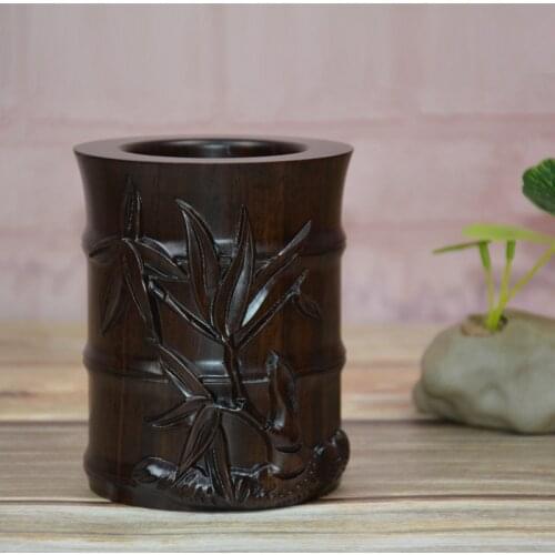 Solid wood carving black and ebony classical chinese bamboo pen holder office decoration school supplies