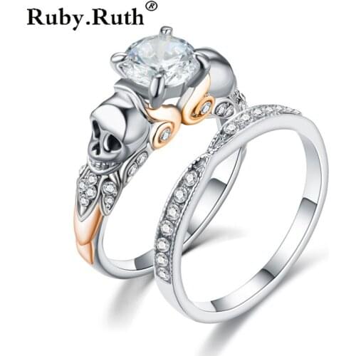 Vintage Skull Ring set Black Zircon crystal Womens Wedding Ring Jewelry