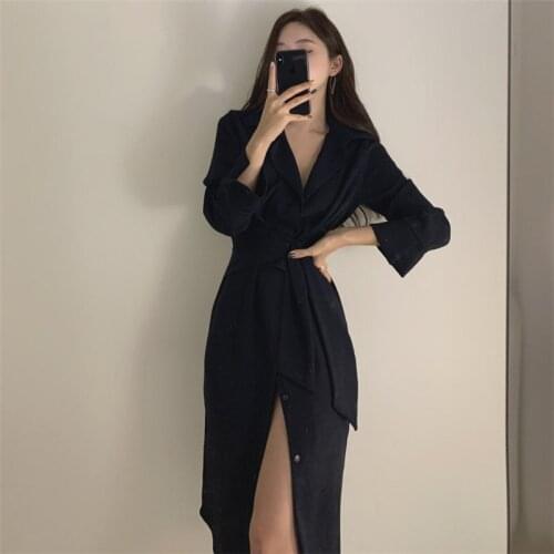 Sexy Gentle Women Dress Simple Office Lapel Elegant Lace Solid Color Long Skirt Ladies Chic Loose Dresses Female Autumn Casual