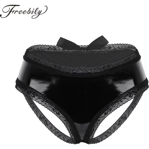 Women Lingerie Sexy Underwear Wetlook Faux Leather Open Butt Sissy Panties Floral Lace Bowknot Low Rise Bikini Briefs Underwear