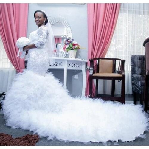 Mermaid Wedding Dresses Bateau Neck Lace Appliques Beads 3/4 Sleeves Lace Up Back Train Tiered Tulle Formal Bridal Gowns