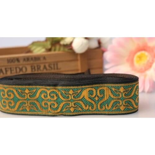 10yards/lot wide 3cm Woven Jacquard Ribbon classical Geometric design green gold for curtain and clothing accessory LS-1138