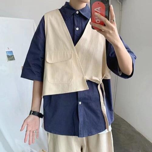 2021 Mens Fake Two-piece Tooling Short Sleeve Shirt Fashion Trend Camisa Masculina Loose Pocket Coats Blue/orange Color Shirts