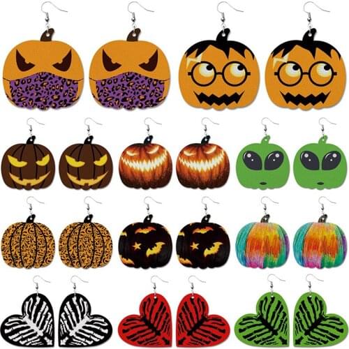 2021 Wholesale Creative Halloween PU Leather Earrings Pumpkin Bat Alien Funny Skull Heart Shaped Leather Earrings