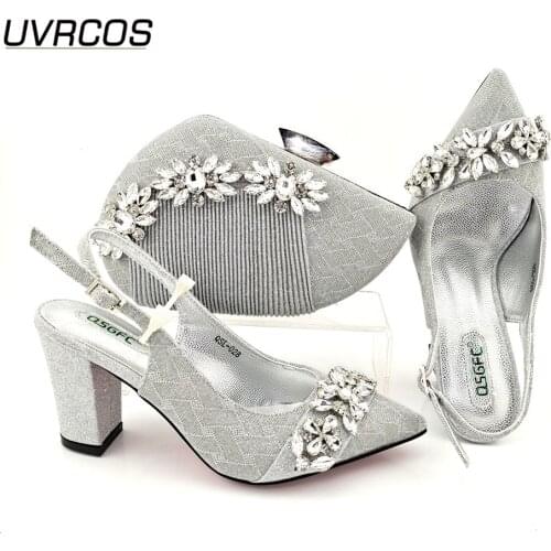 2021 African Hot Selling Special Crysral Decoration Style Italian Design Silver Color Elegant Women Shoes and Bag Set for Party