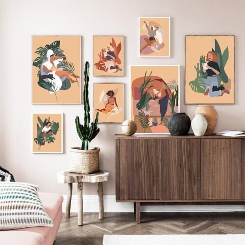 Abstract Fashion Girl Palm Leaf Monstera Wall Art Canvas Painting Nordic Posters And Prints Wall Pictures For Living Room Decor