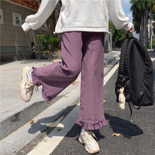 Wenfly Women Girls Sweet Casual Korean Loose Preppy Student Elastic Waist High Waist Wide Leg Ruffles Trousers Pants